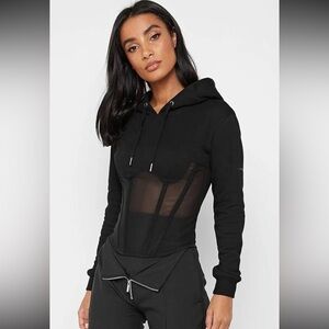 NWT Maniere De Voir Corset Hoodie Women’s Size 6 Black Cropped Mesh Long Sleeve